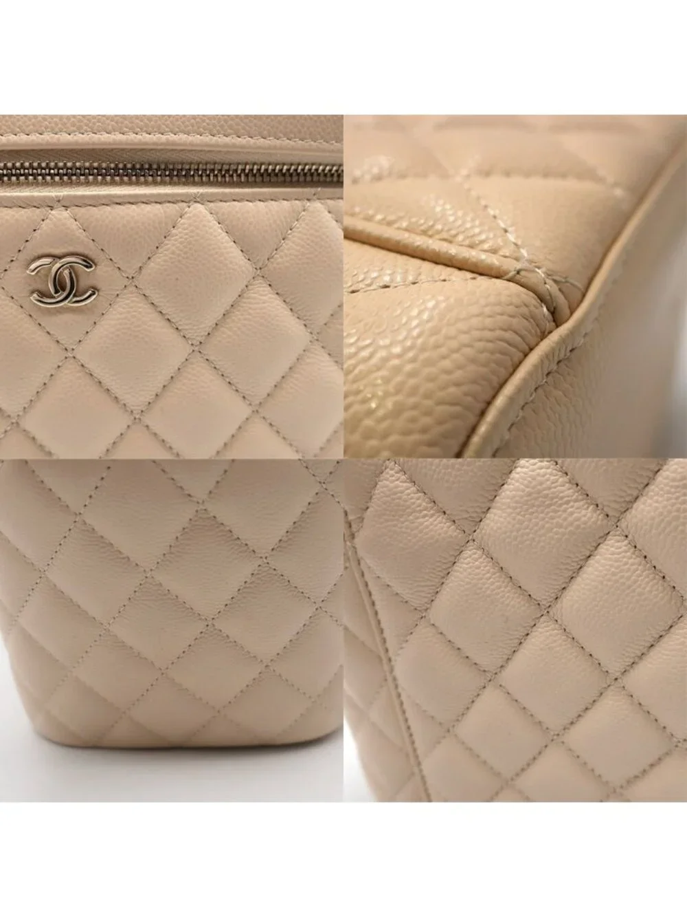 Chanel Vanity Beige Gold Caviar Leather CC Logo Makeup Pouch